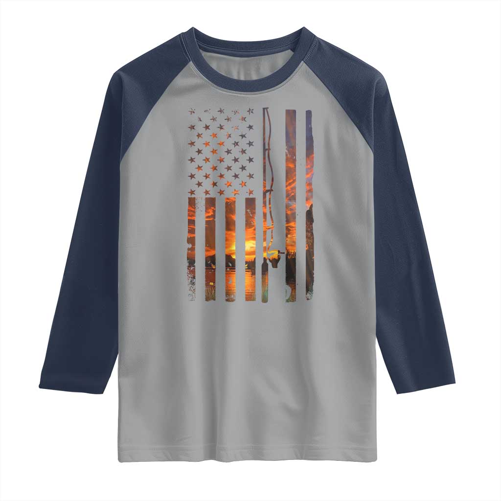 American Flag Fishing Raglan Shirt Fish Fisher Fisherman Fishing Rod Sunset - Wonder Print Shop