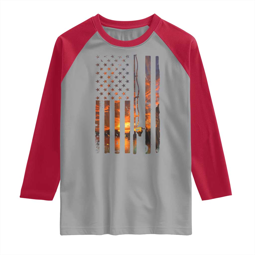 American Flag Fishing Raglan Shirt Fish Fisher Fisherman Fishing Rod Sunset - Wonder Print Shop