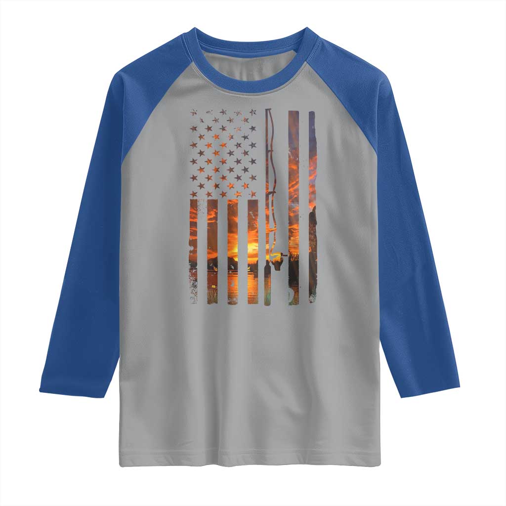 American Flag Fishing Raglan Shirt Fish Fisher Fisherman Fishing Rod Sunset - Wonder Print Shop