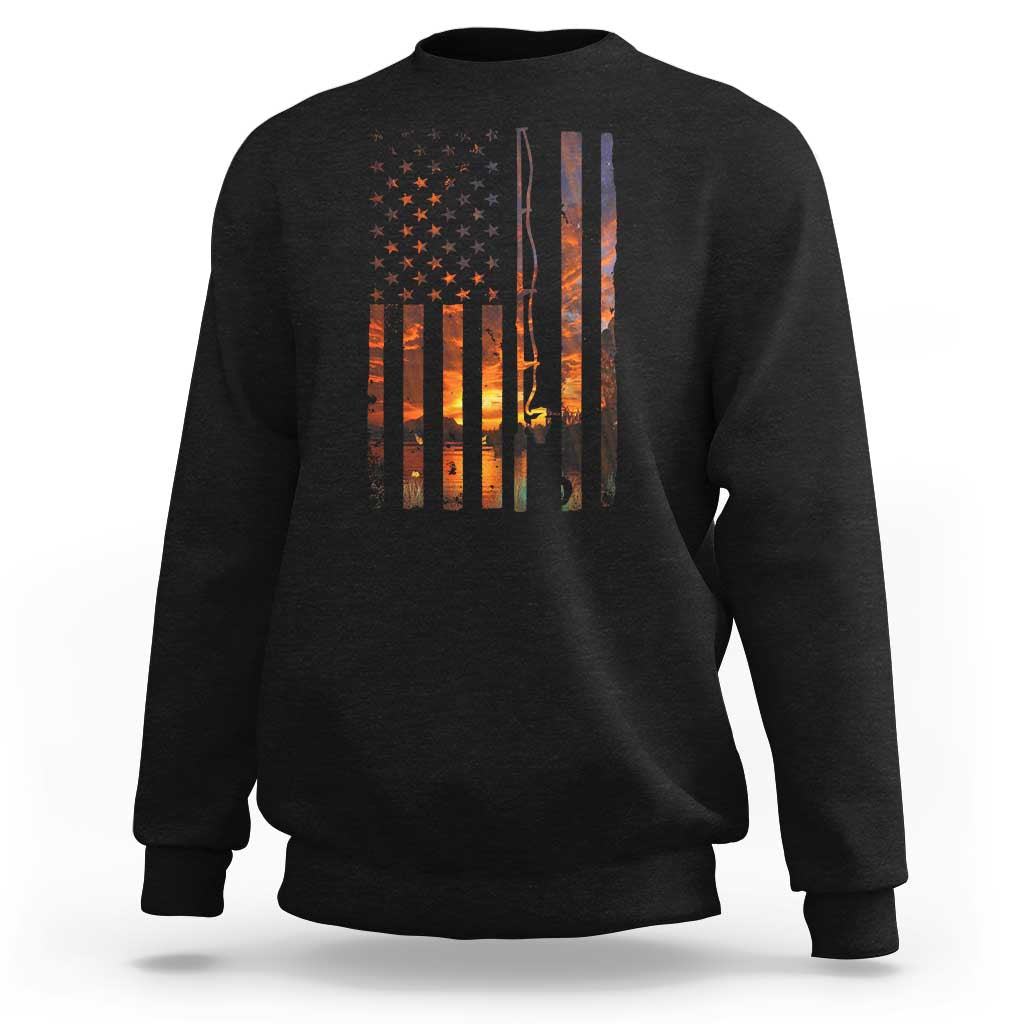 American Flag Fishing Sweatshirt Fish Fisher Fisherman Fishing Rod Sunset - Wonder Print Shop