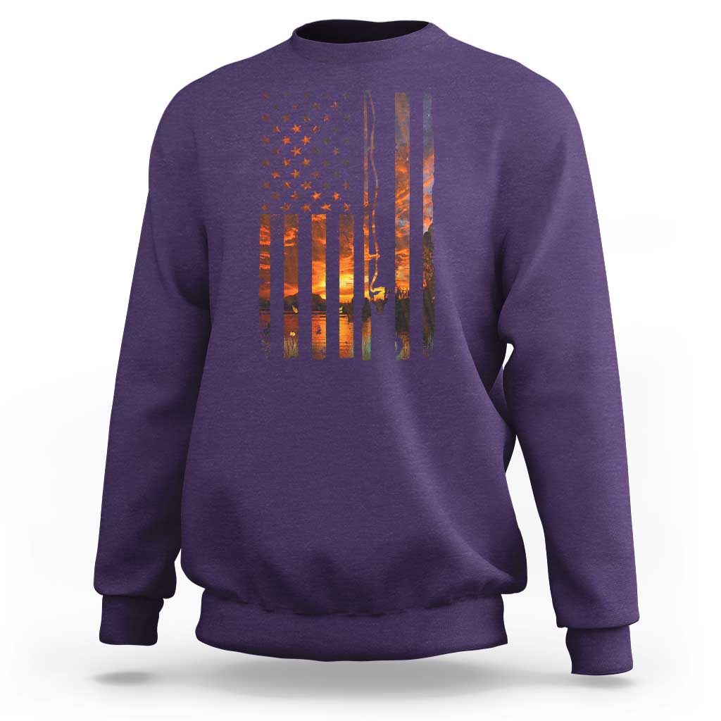 American Flag Fishing Sweatshirt Fish Fisher Fisherman Fishing Rod Sunset - Wonder Print Shop
