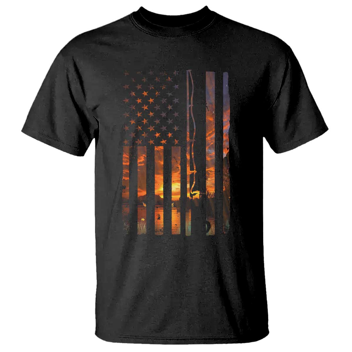 American Flag Fishing T Shirt Fish Fisher Fisherman Fishing Rod Sunset - Wonder Print Shop