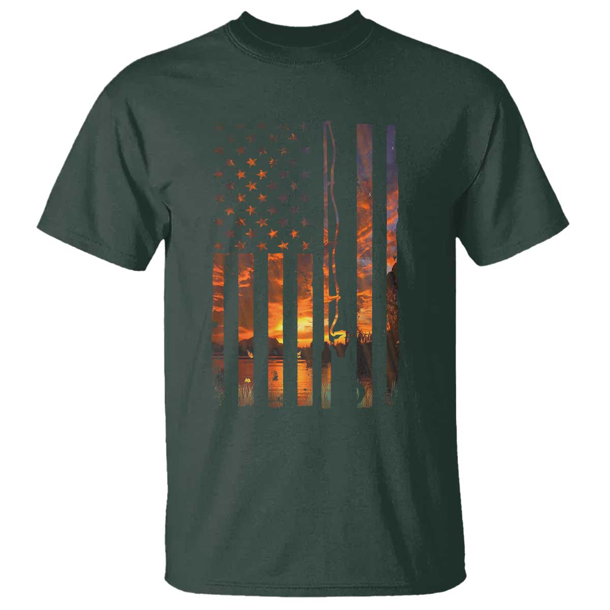 American Flag Fishing T Shirt Fish Fisher Fisherman Fishing Rod Sunset - Wonder Print Shop