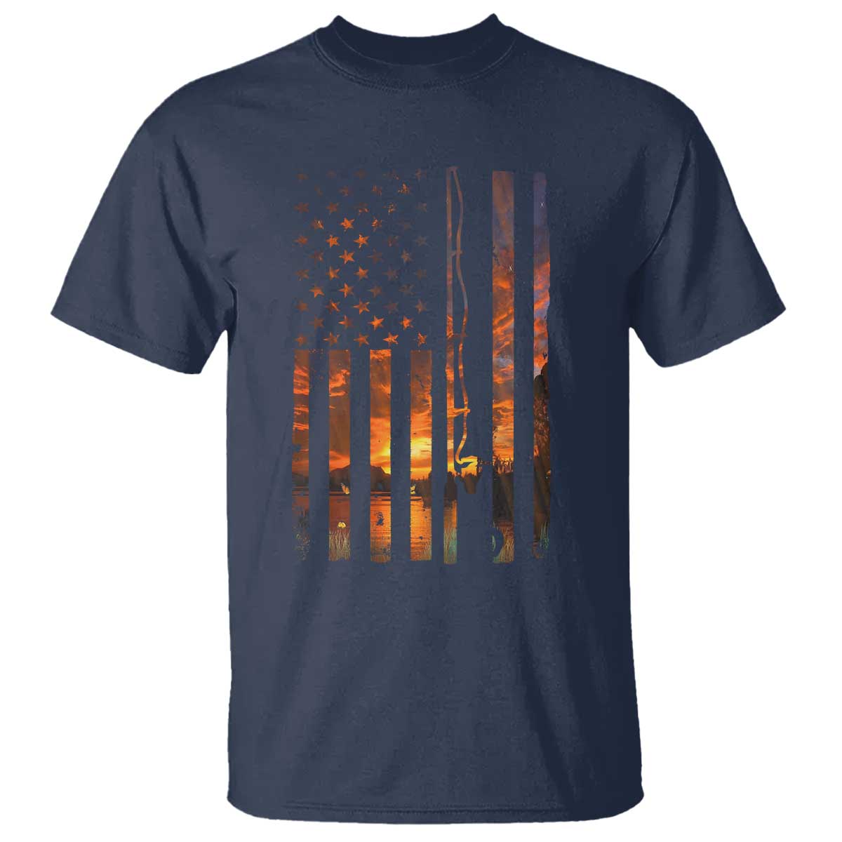 American Flag Fishing T Shirt Fish Fisher Fisherman Fishing Rod Sunset - Wonder Print Shop