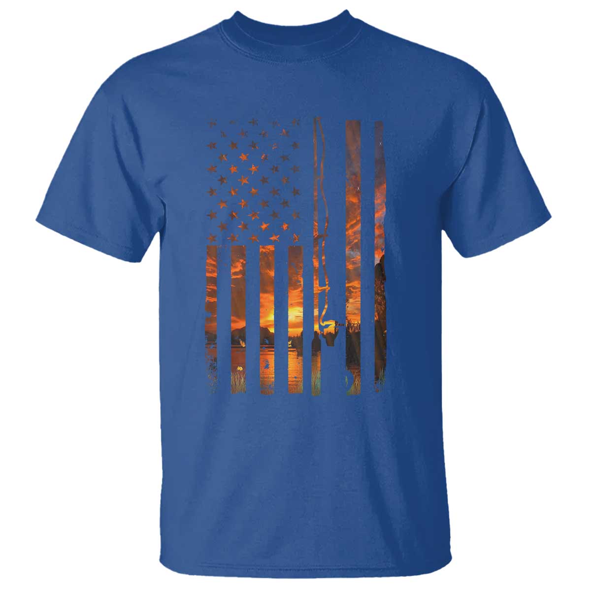 American Flag Fishing T Shirt Fish Fisher Fisherman Fishing Rod Sunset - Wonder Print Shop