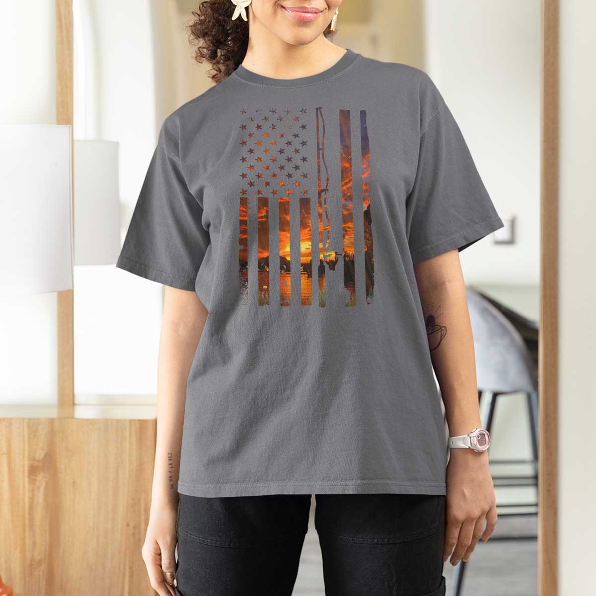 American Flag Fishing T Shirt For Women Fish Fisher Fisherman Fishing Rod Sunset - Wonder Print Shop