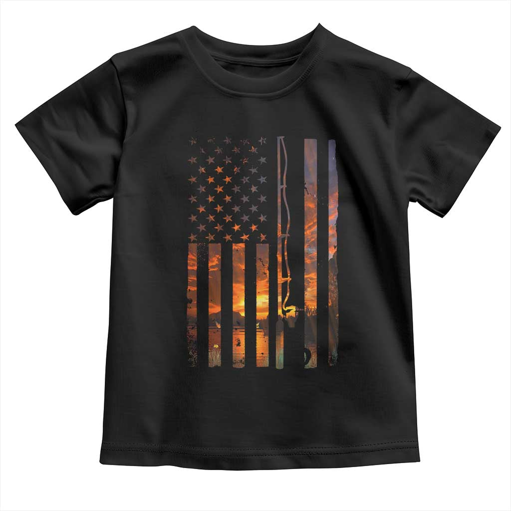 American Flag Fishing Toddler T Shirt Fish Fisher Fisherman Fishing Rod Sunset - Wonder Print Shop