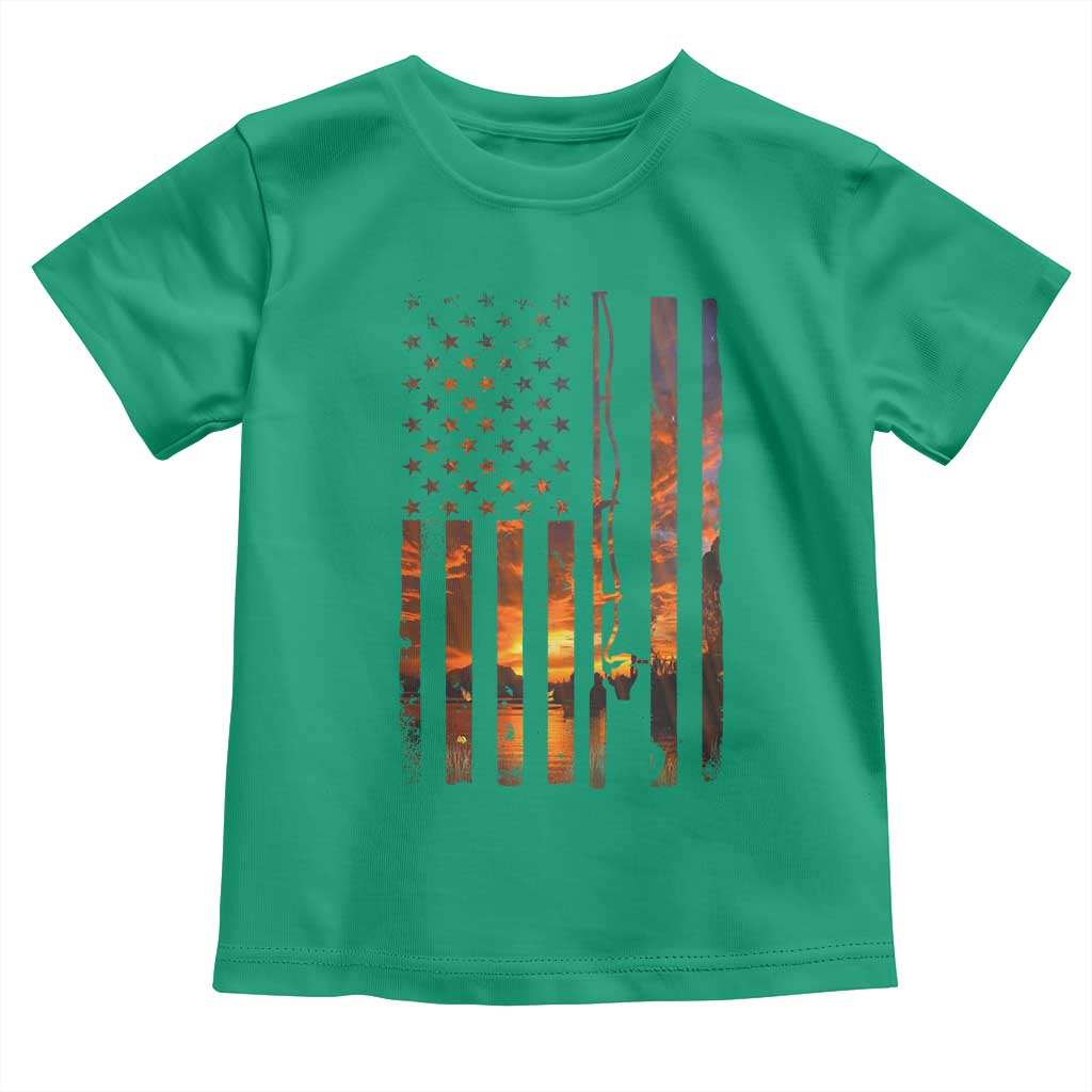 American Flag Fishing Toddler T Shirt Fish Fisher Fisherman Fishing Rod Sunset - Wonder Print Shop