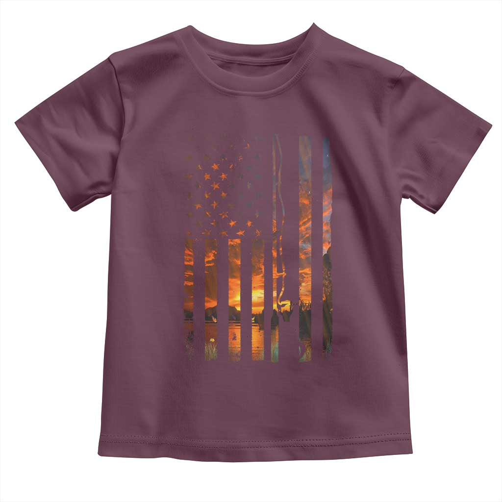 American Flag Fishing Toddler T Shirt Fish Fisher Fisherman Fishing Rod Sunset - Wonder Print Shop