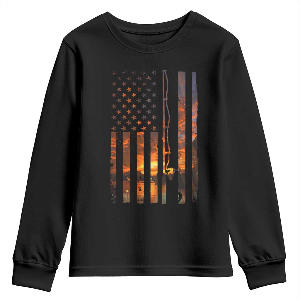 American Flag Fishing Youth Sweatshirt Fish Fisher Fisherman Fishing Rod Sunset - Wonder Print Shop