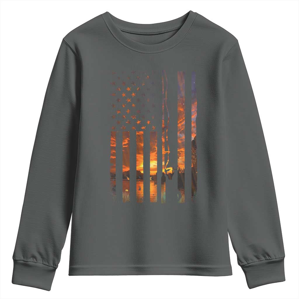American Flag Fishing Youth Sweatshirt Fish Fisher Fisherman Fishing Rod Sunset - Wonder Print Shop