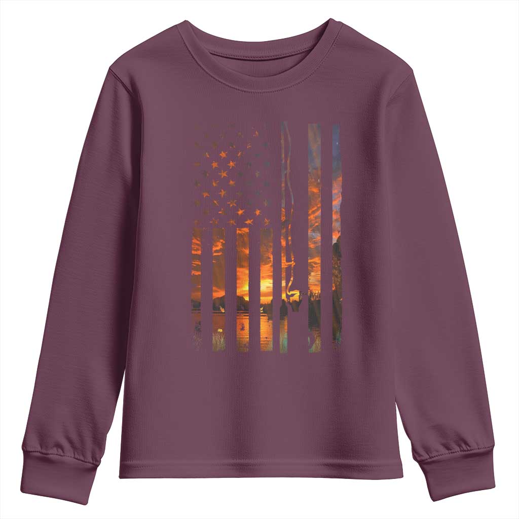 American Flag Fishing Youth Sweatshirt Fish Fisher Fisherman Fishing Rod Sunset - Wonder Print Shop