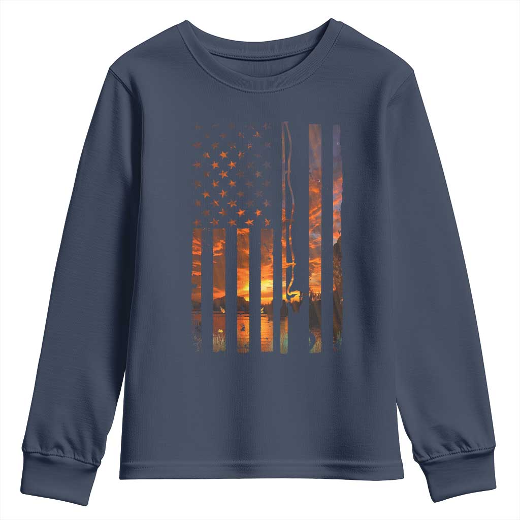 American Flag Fishing Youth Sweatshirt Fish Fisher Fisherman Fishing Rod Sunset - Wonder Print Shop