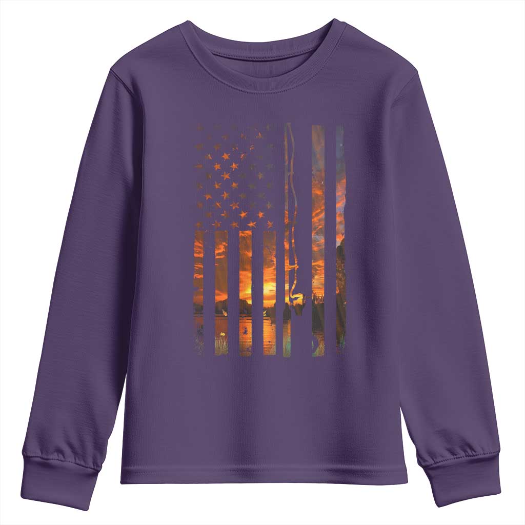 American Flag Fishing Youth Sweatshirt Fish Fisher Fisherman Fishing Rod Sunset - Wonder Print Shop