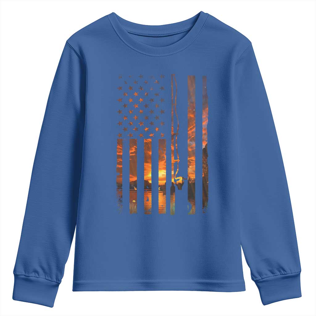 American Flag Fishing Youth Sweatshirt Fish Fisher Fisherman Fishing Rod Sunset - Wonder Print Shop