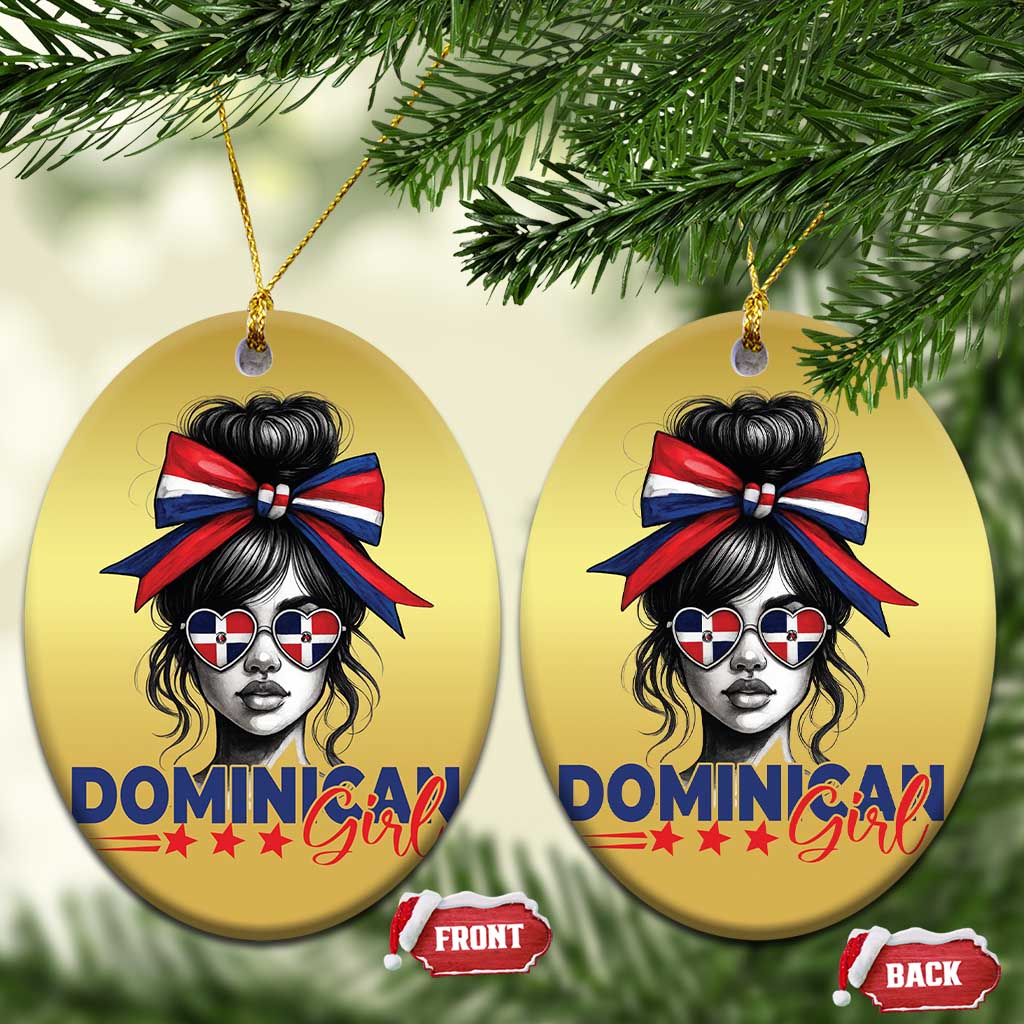Dominican Girl Christmas Ornament Messy Bun Caribbean Dominican Republic DR Flag - Wonder Print Shop