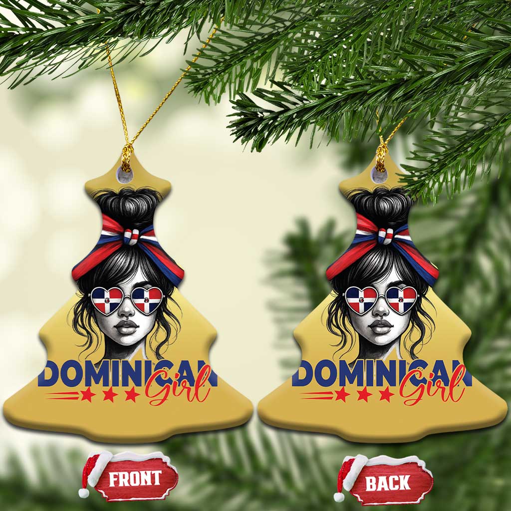 Dominican Girl Christmas Ornament Messy Bun Caribbean Dominican Republic DR Flag - Wonder Print Shop
