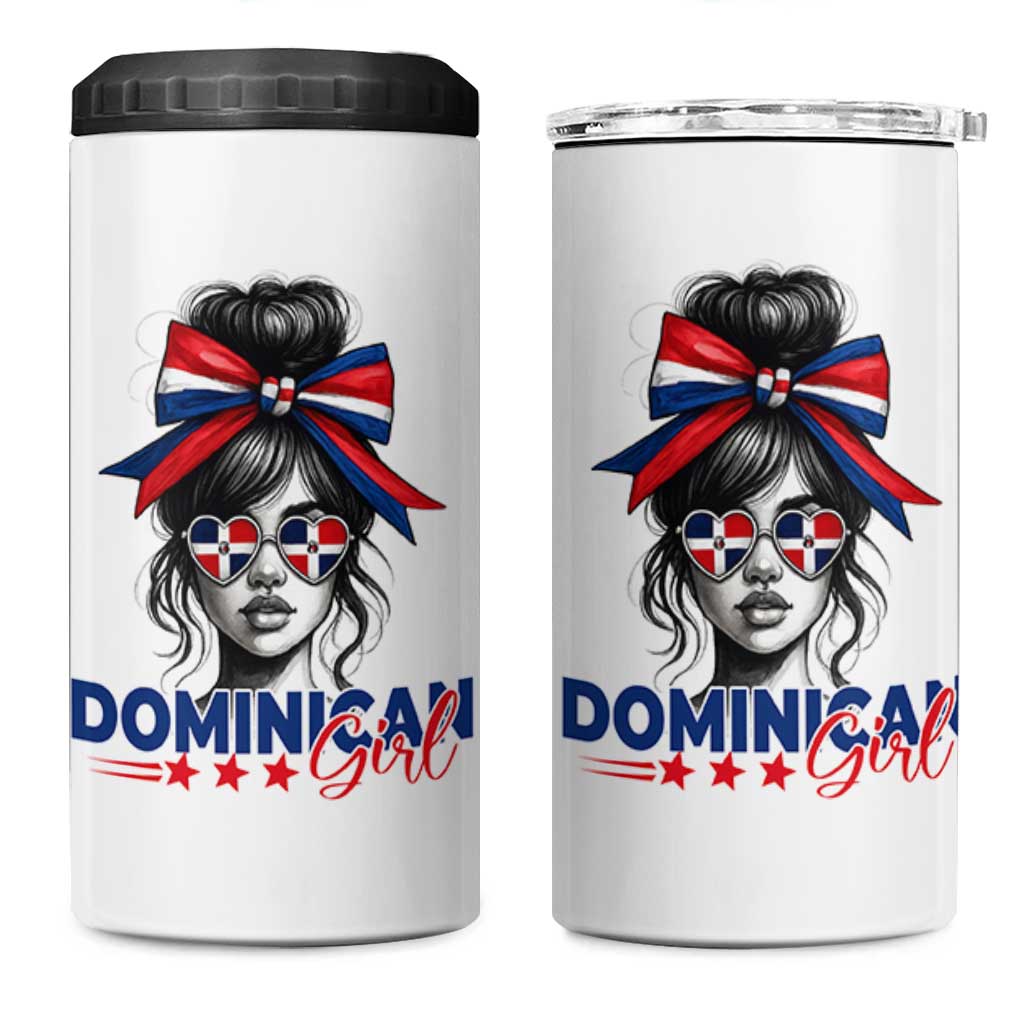 Dominican Girl 4 in 1 Can Cooler Tumbler Messy Bun Caribbean Dominican Republic DR Flag - Wonder Print Shop