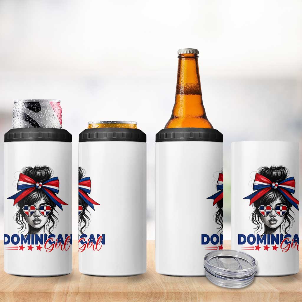 Dominican Girl 4 in 1 Can Cooler Tumbler Messy Bun Caribbean Dominican Republic DR Flag - Wonder Print Shop