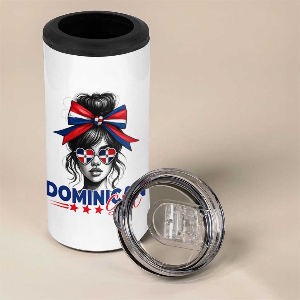 Dominican Girl 4 in 1 Can Cooler Tumbler Messy Bun Caribbean Dominican Republic DR Flag - Wonder Print Shop