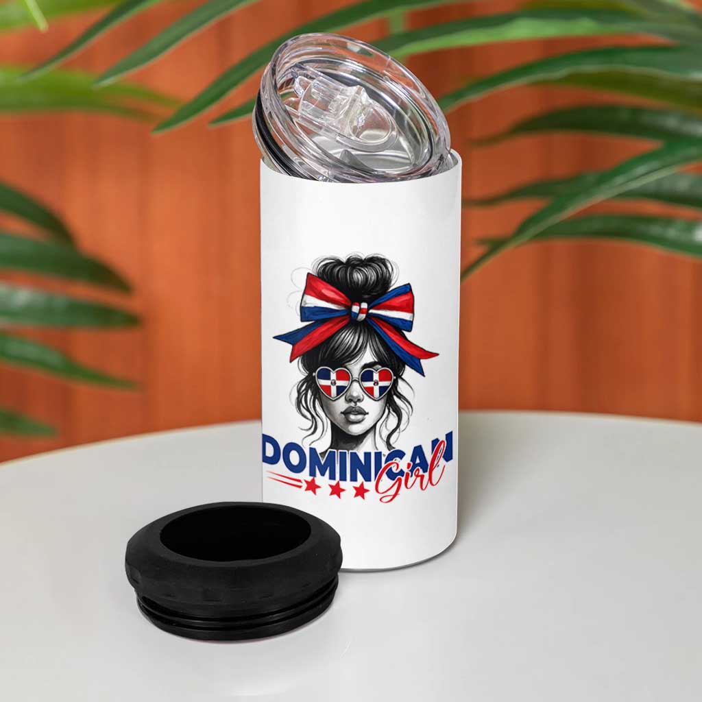Dominican Girl 4 in 1 Can Cooler Tumbler Messy Bun Caribbean Dominican Republic DR Flag - Wonder Print Shop