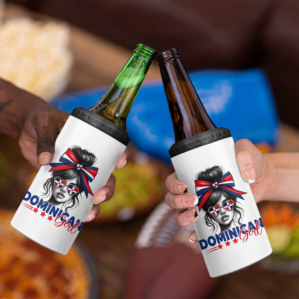 Dominican Girl 4 in 1 Can Cooler Tumbler Messy Bun Caribbean Dominican Republic DR Flag - Wonder Print Shop