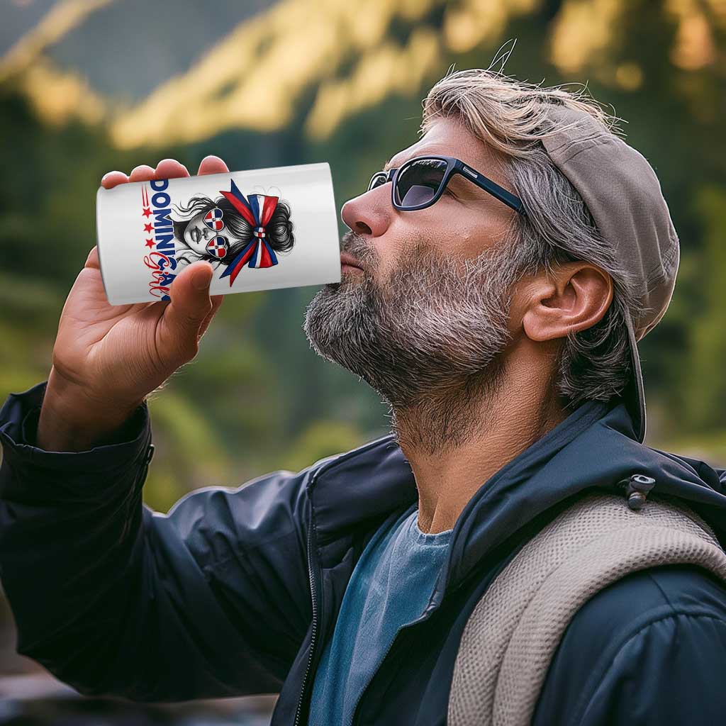 Dominican Girl 4 in 1 Can Cooler Tumbler Messy Bun Caribbean Dominican Republic DR Flag - Wonder Print Shop