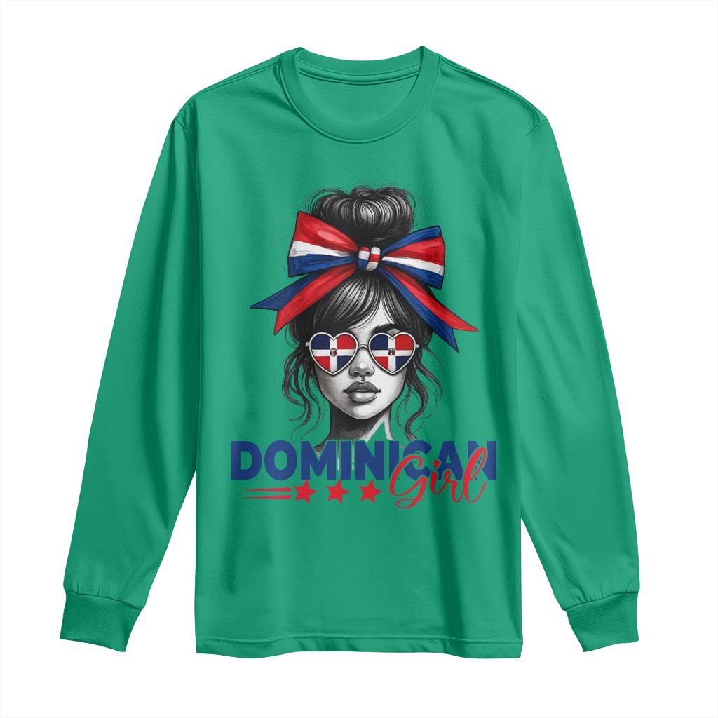 Dominican Girl Long Sleeve Shirt Messy Bun Caribbean Dominican Republic DR Flag - Wonder Print Shop