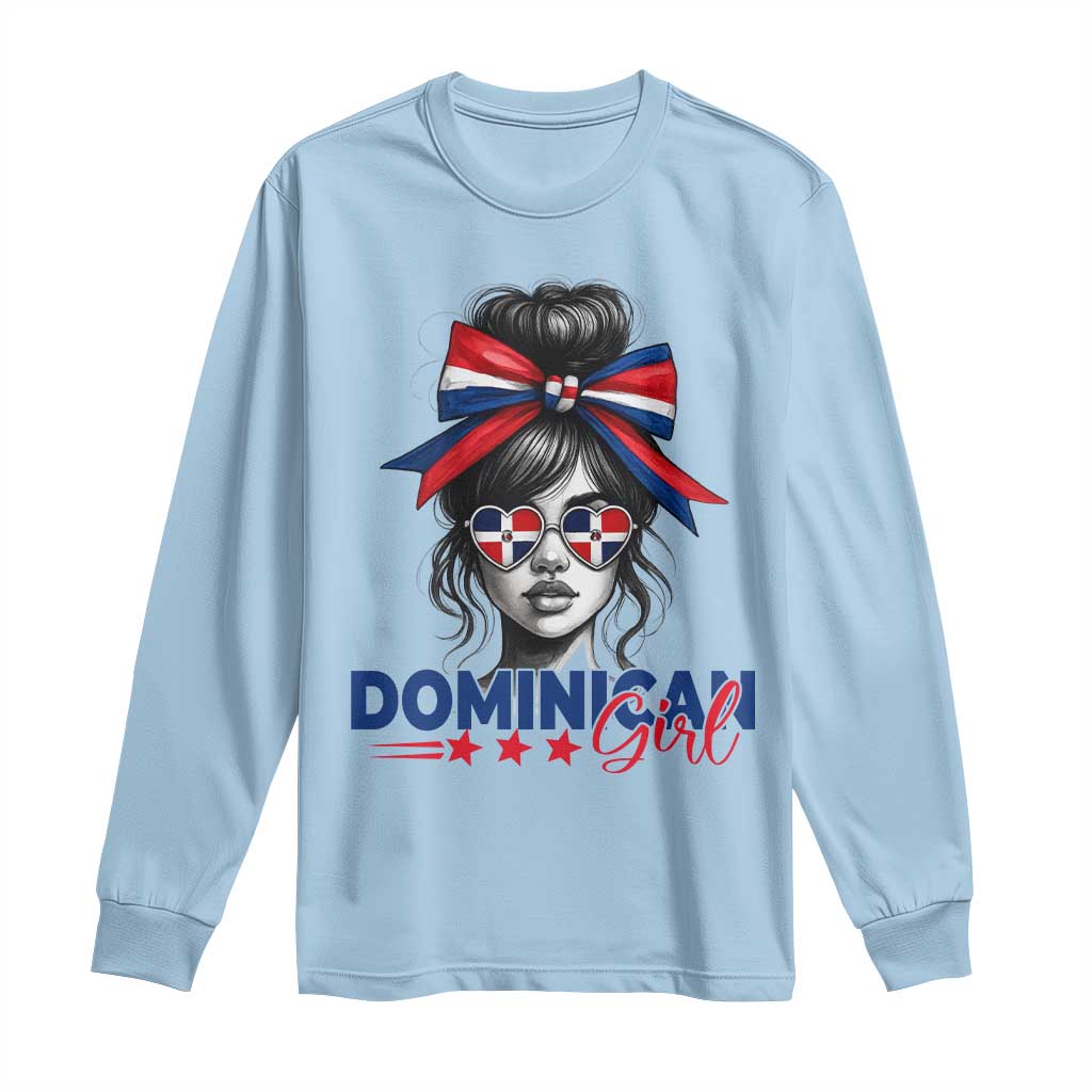 Dominican Girl Long Sleeve Shirt Messy Bun Caribbean Dominican Republic DR Flag - Wonder Print Shop