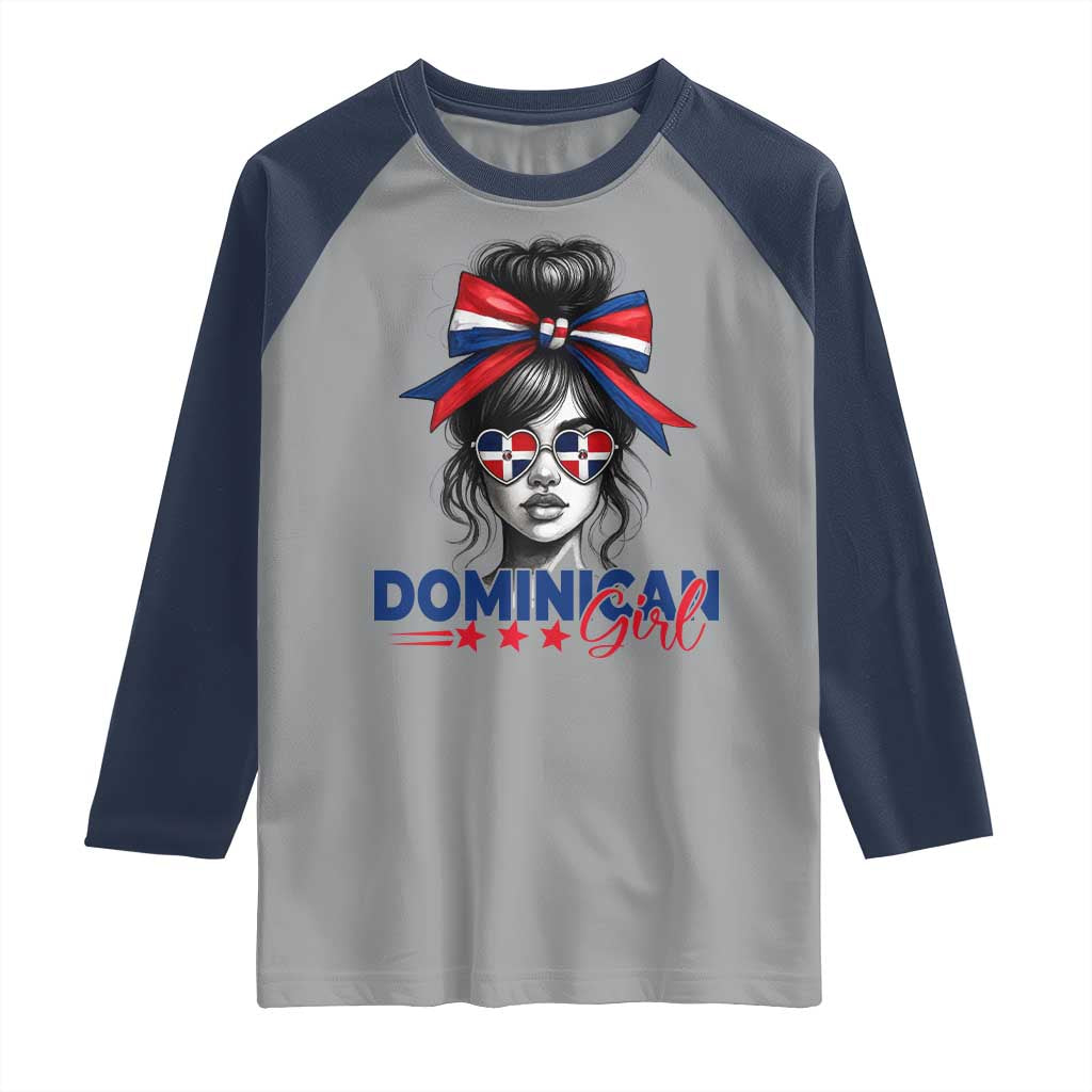 Dominican Girl Raglan Shirt Messy Bun Caribbean Dominican Republic DR Flag - Wonder Print Shop