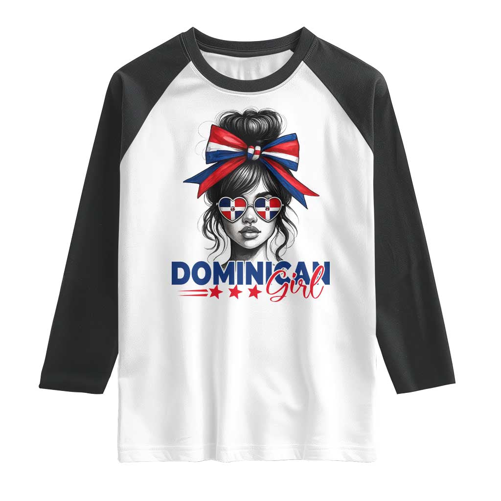 Dominican Girl Raglan Shirt Messy Bun Caribbean Dominican Republic DR Flag - Wonder Print Shop