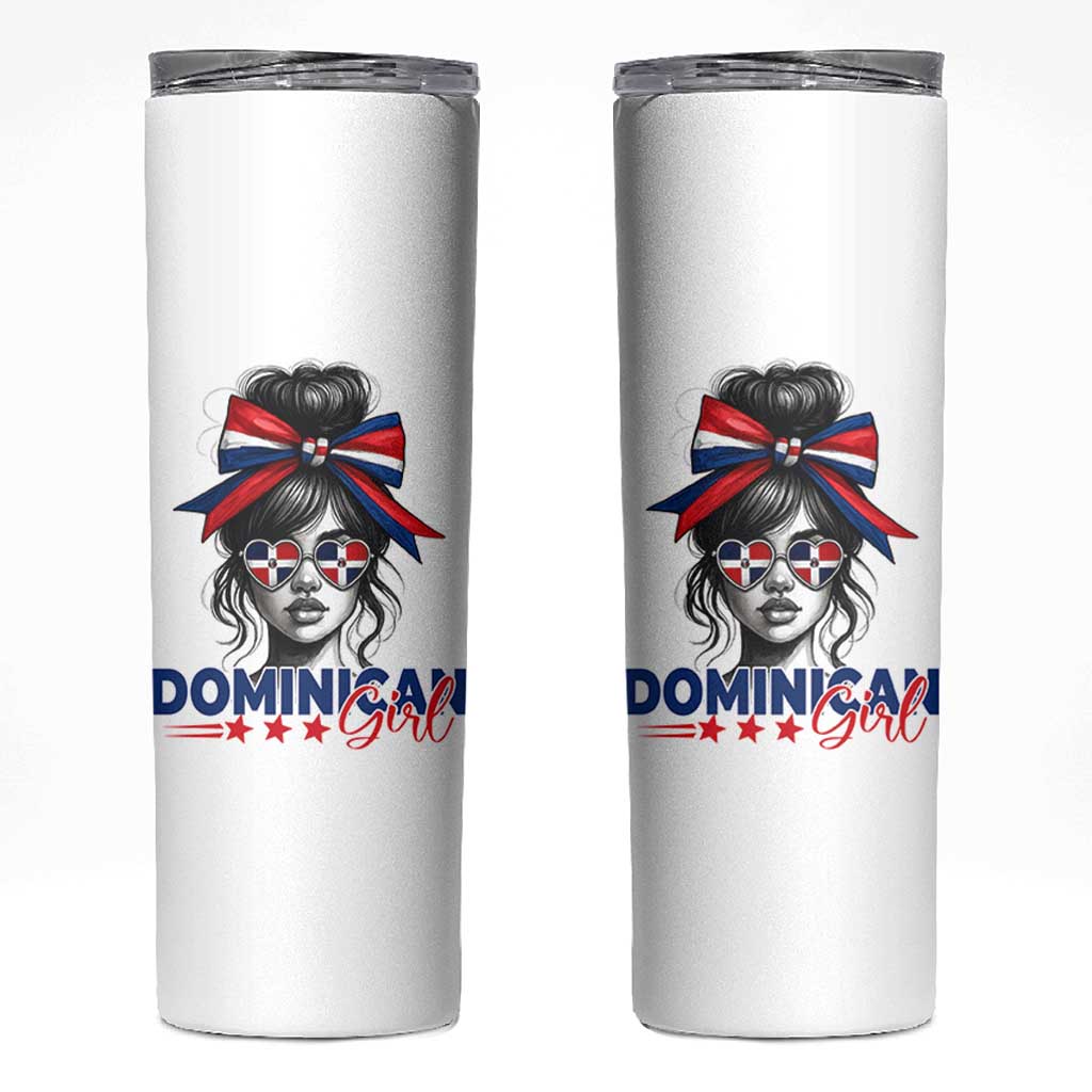 Dominican Girl Skinny Tumbler Messy Bun Caribbean Dominican Republic DR Flag - Wonder Print Shop