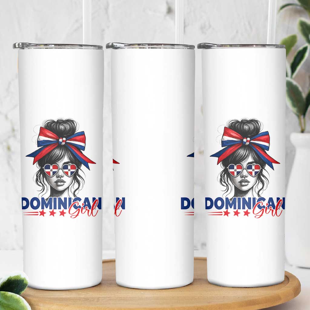 Dominican Girl Skinny Tumbler Messy Bun Caribbean Dominican Republic DR Flag - Wonder Print Shop