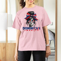 Dominican Girl T Shirt For Women Messy Bun Caribbean Dominican Republic DR Flag - Wonder Print Shop
