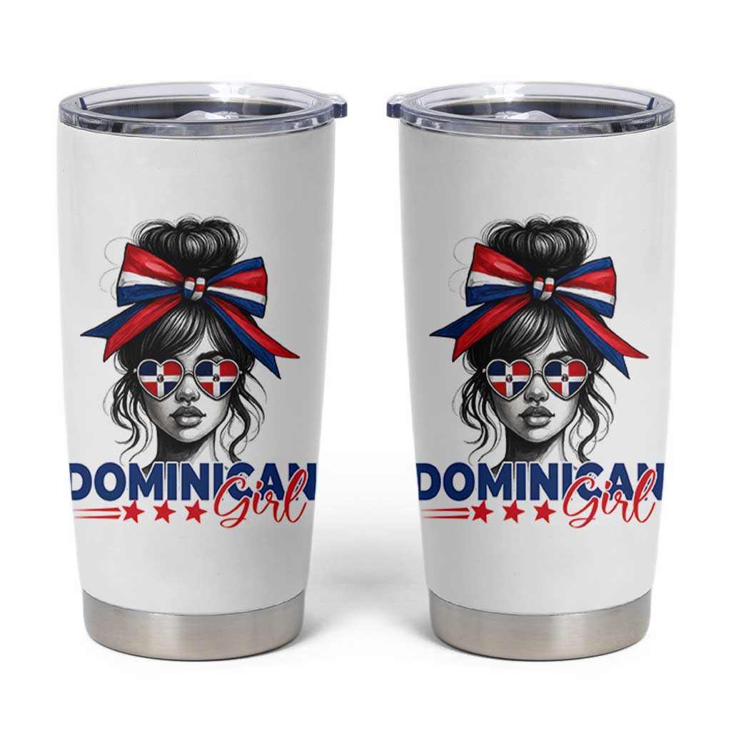 Dominican Girl Tumbler Cup Messy Bun Caribbean Dominican Republic DR Flag - Wonder Print Shop