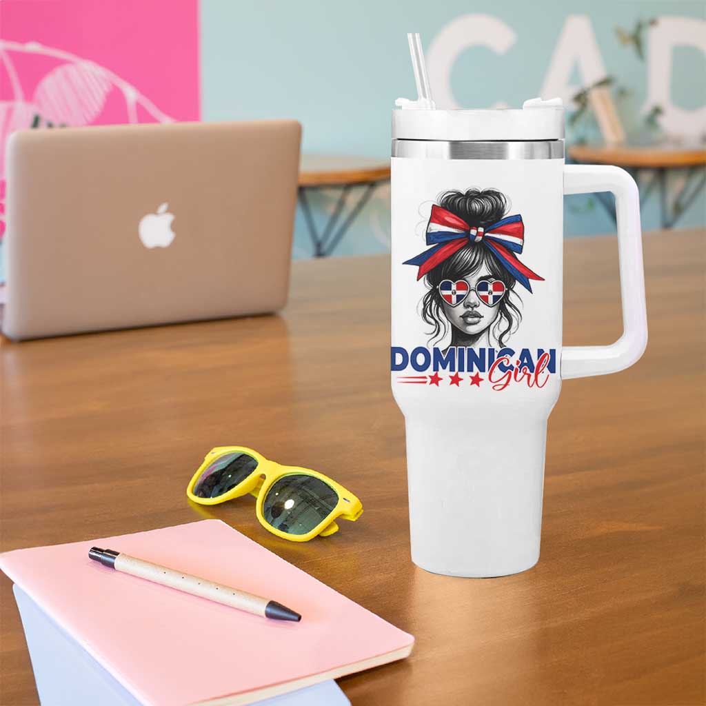 Dominican Girl Tumbler With Handle Messy Bun Caribbean Dominican Republic DR Flag - Wonder Print Shop