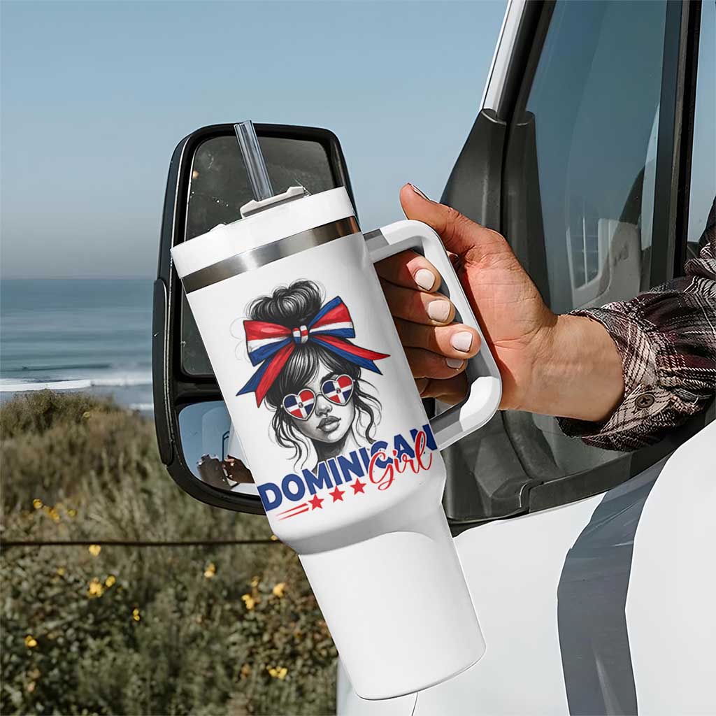 Dominican Girl Tumbler With Handle Messy Bun Caribbean Dominican Republic DR Flag - Wonder Print Shop