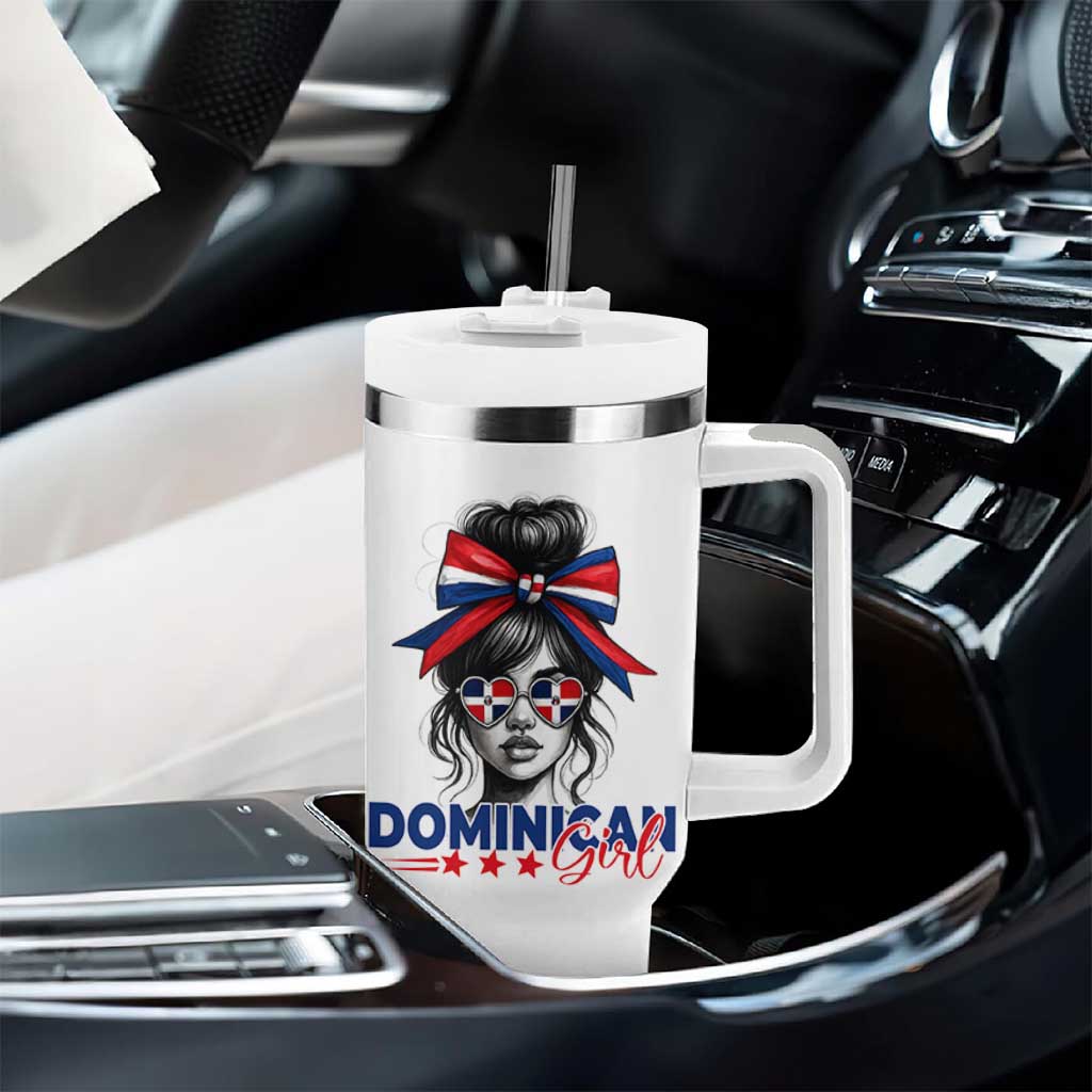 Dominican Girl Tumbler With Handle Messy Bun Caribbean Dominican Republic DR Flag - Wonder Print Shop