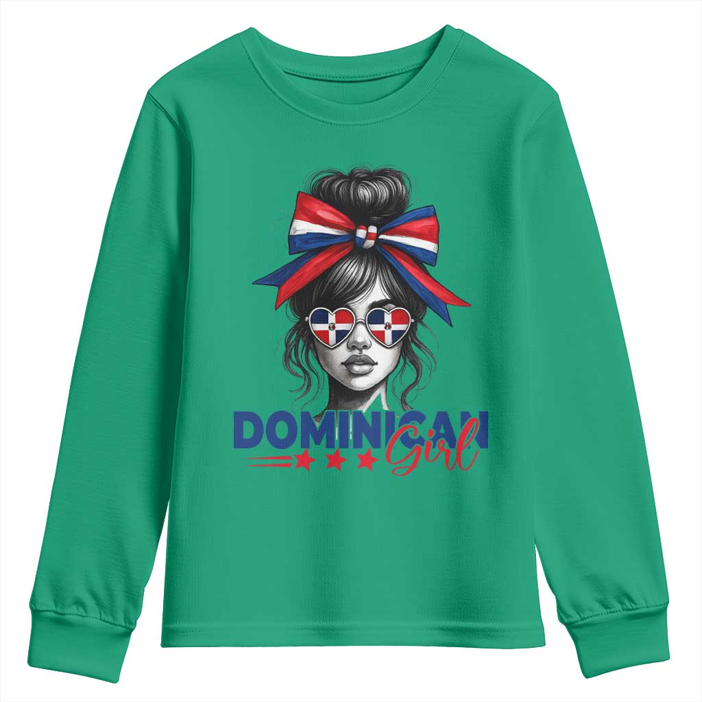 Dominican Girl Youth Sweatshirt Messy Bun Caribbean Dominican Republic DR Flag - Wonder Print Shop