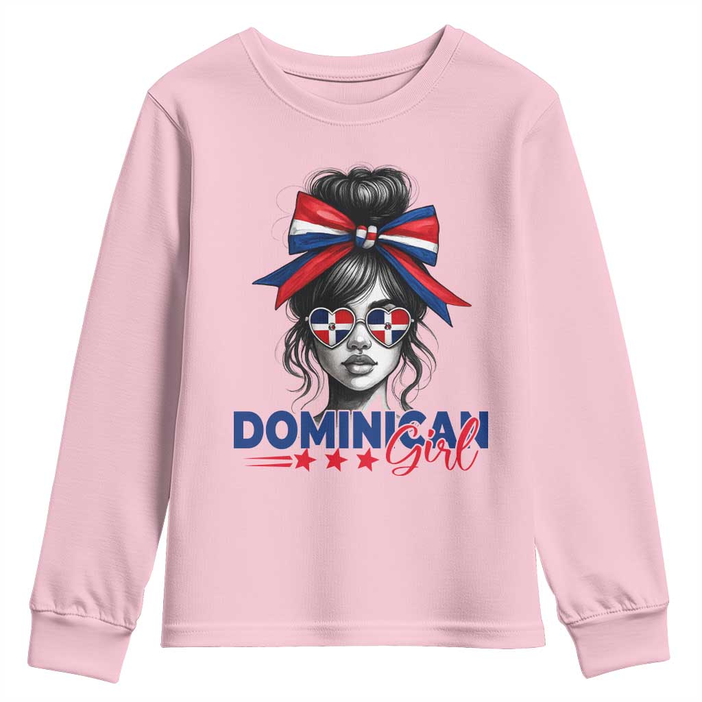 Dominican Girl Youth Sweatshirt Messy Bun Caribbean Dominican Republic DR Flag - Wonder Print Shop