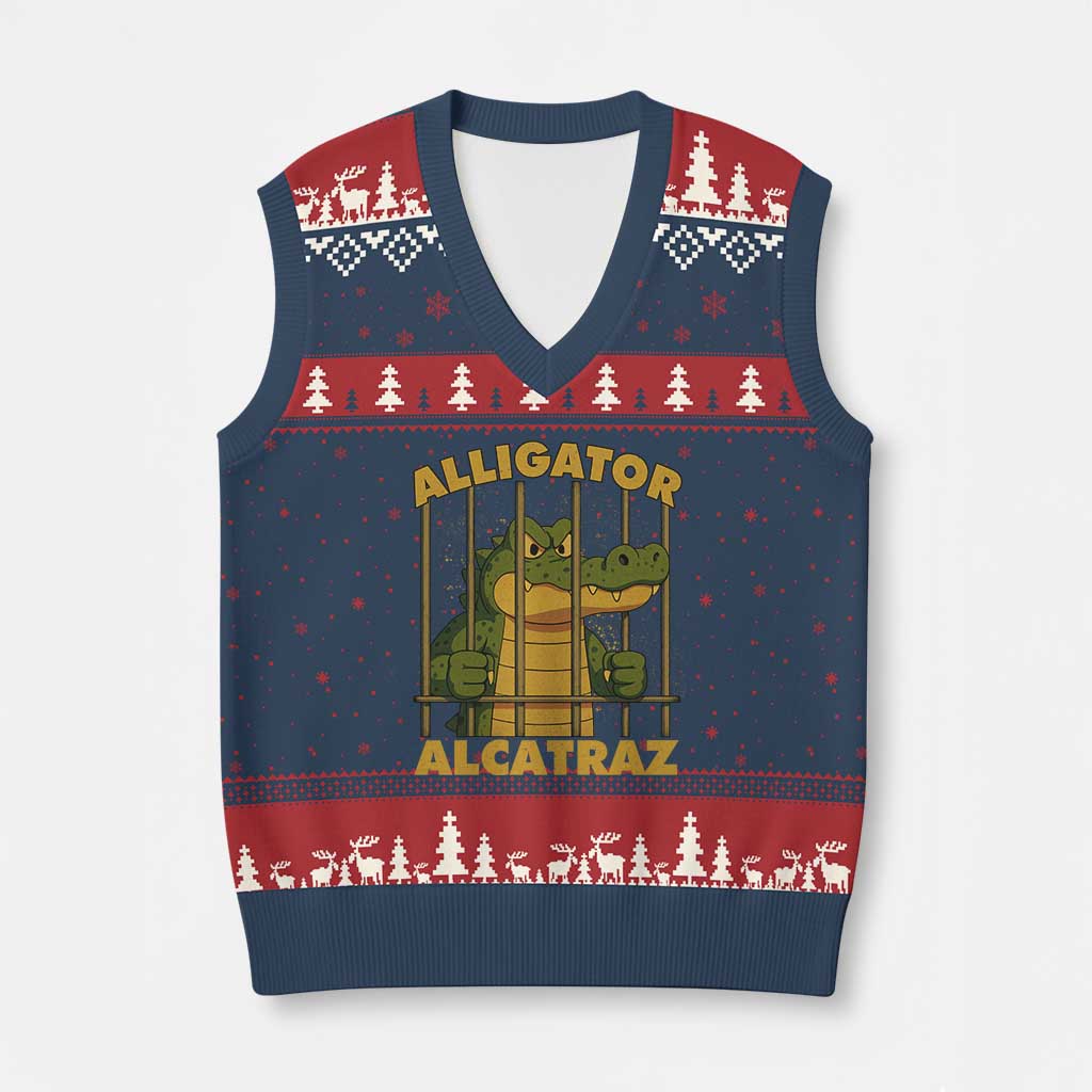 Alligator Alcatraz Florida Everglades V-Neck Knit Sweater Vest Funny Political Satire Meme - Wonder Print Shop