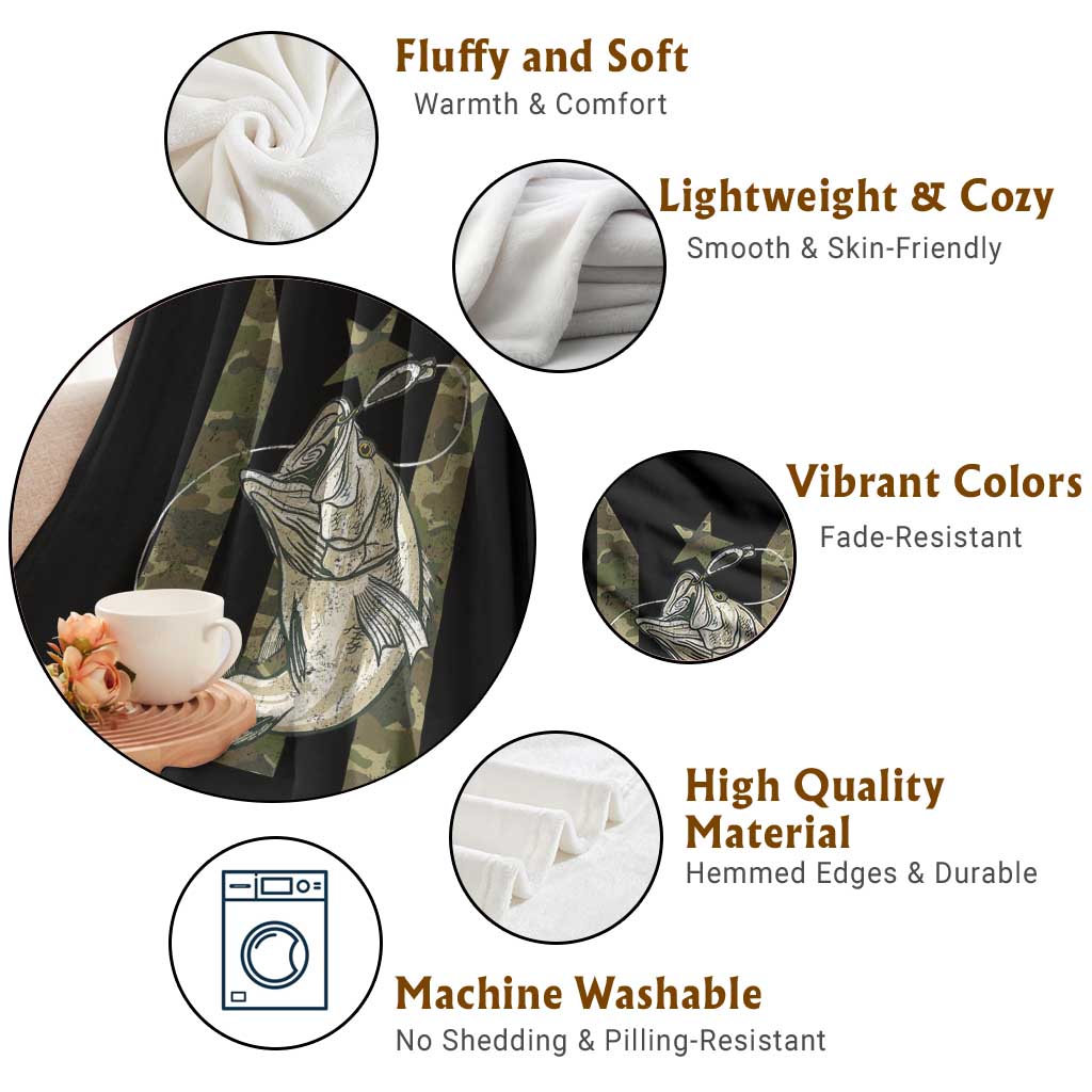 Fishing Puerto Rico Flag Throw Blanket Bass Fish Fisherman Camo Camouflage US Flag - Wonder Print Shop