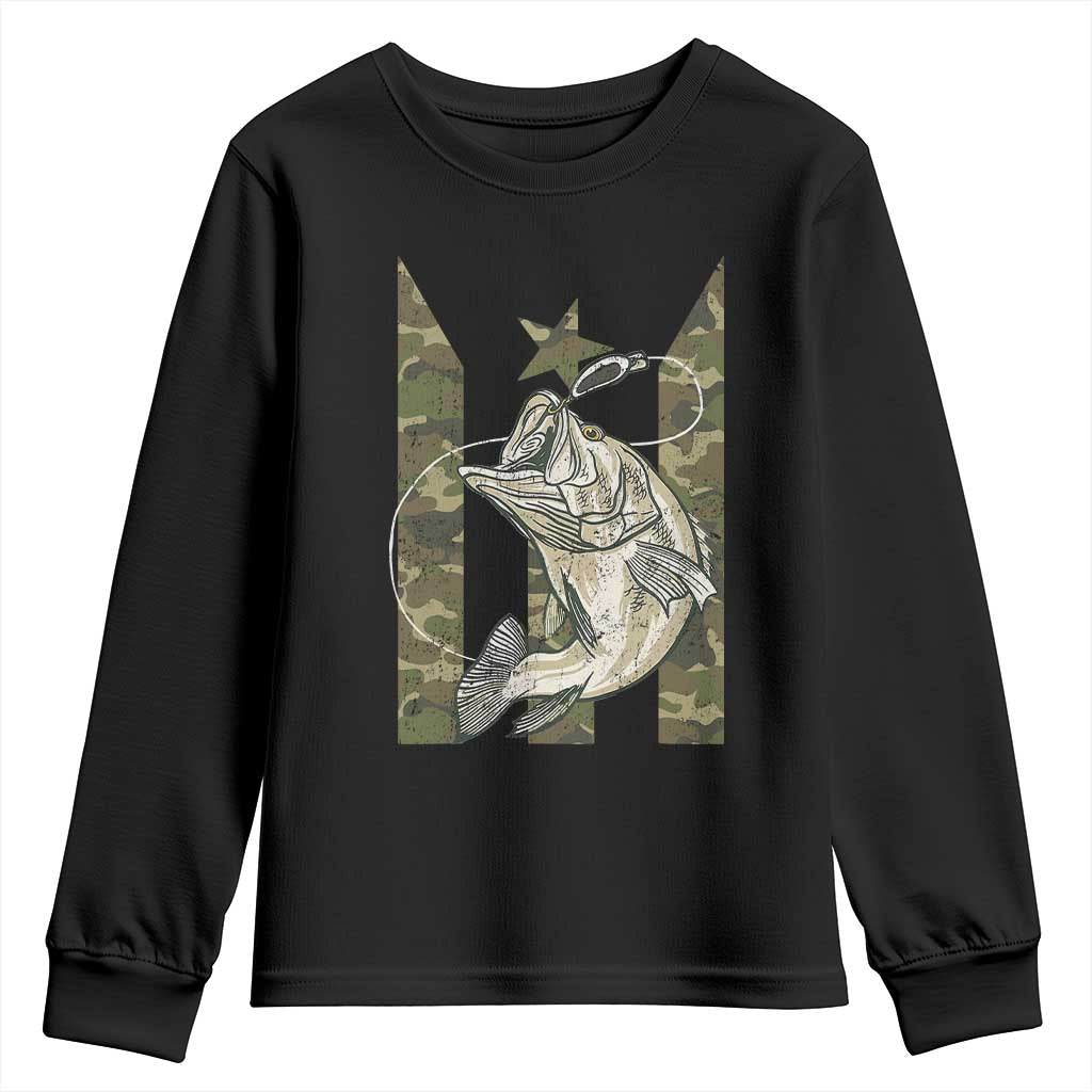 Fishing Puerto Rico Flag Youth Sweatshirt Bass Fish Fisherman Camo Camouflage US Flag - Wonder Print Shop