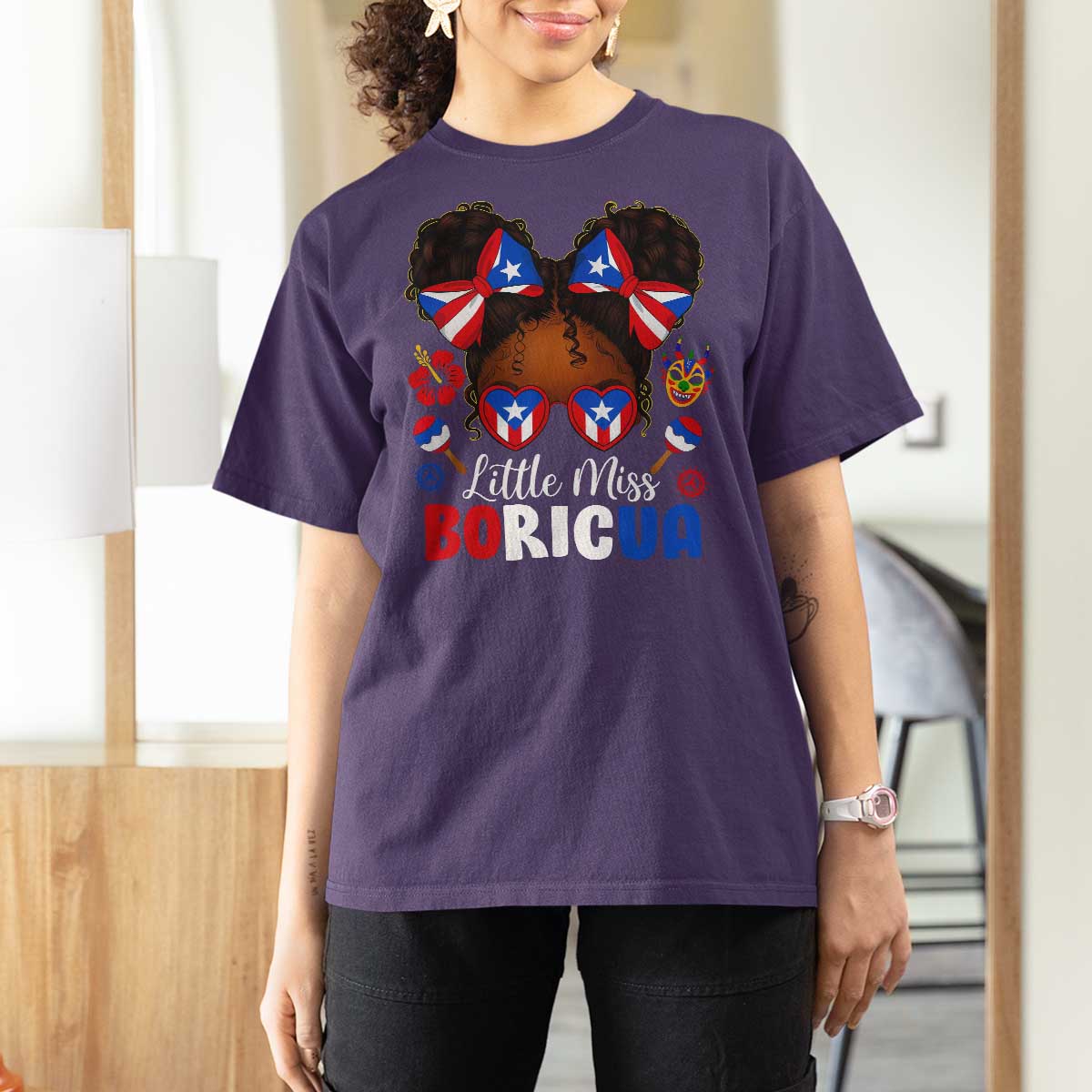 Little Miss Boricua T Shirt For Women Puerto Rican Afro Messy Bun Girls Kids - Wonder Print Shop