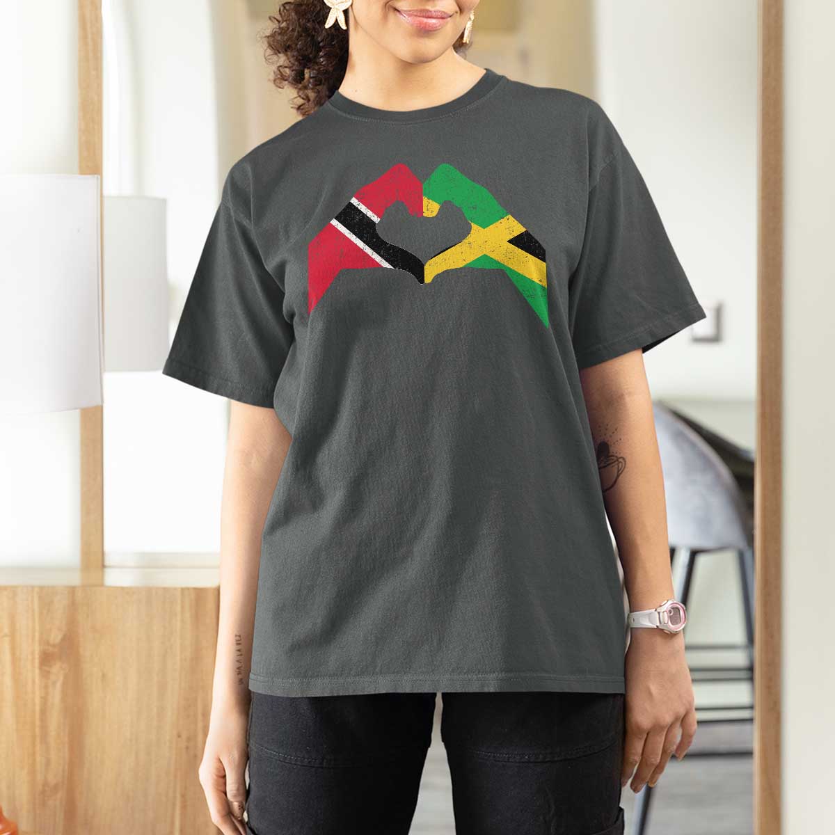 Trinidad and Tobago Jamaican T Shirt For Women Two Flags One Heart