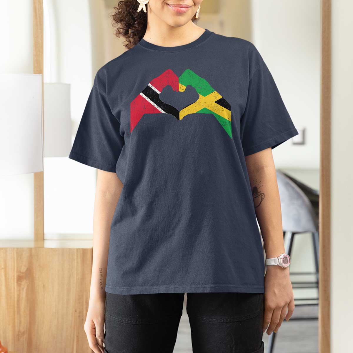 Trinidad and Tobago Jamaican T Shirt For Women Two Flags One Heart