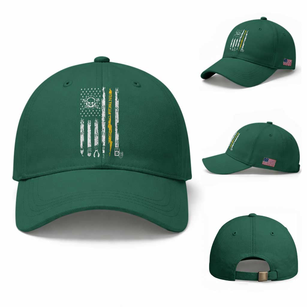 Electrician US Flag Baseball Cap Tools for Electricians Skull Lightning Graphic