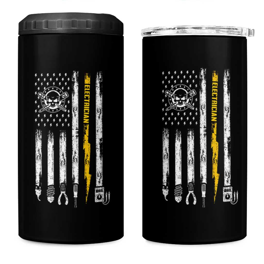Electrician US Flag 4 in 1 Can Cooler Tumbler Tools for Electricians Skull Lightning Graphic