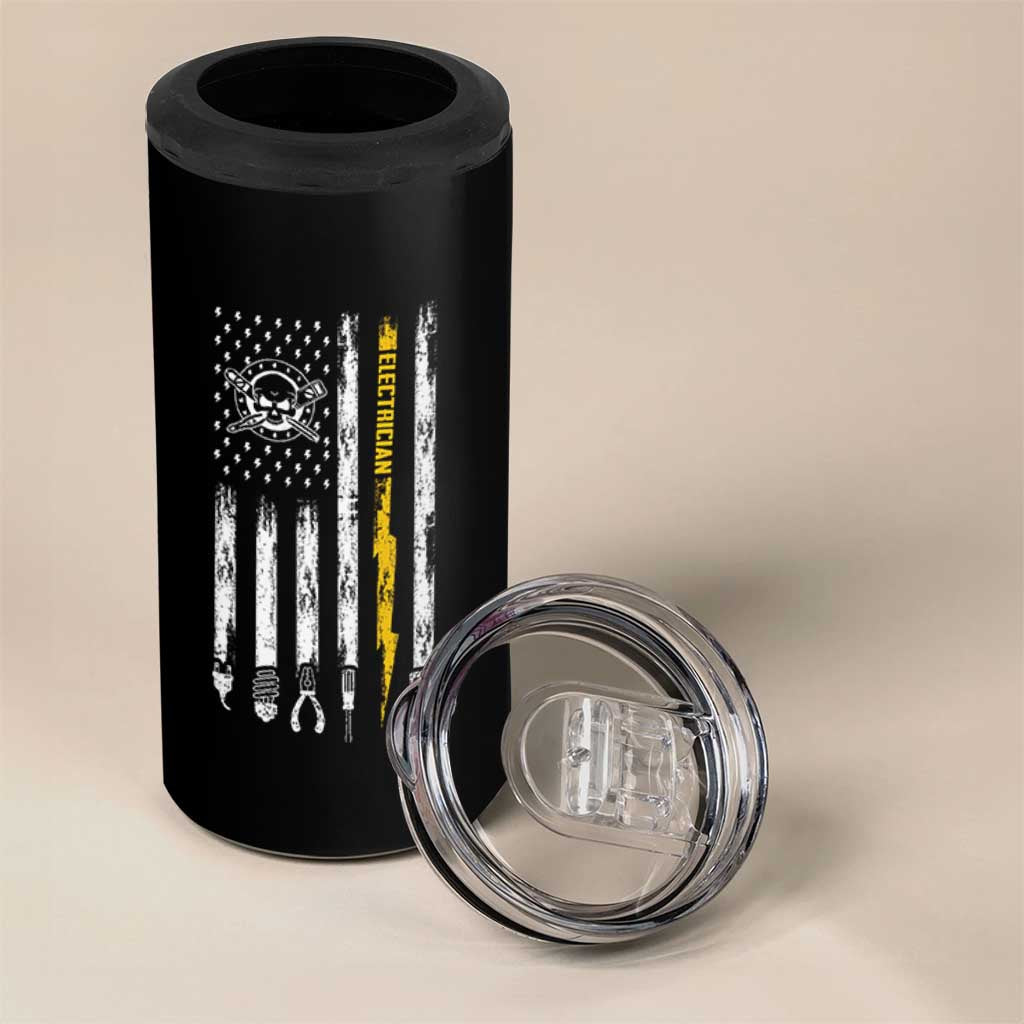 Electrician US Flag 4 in 1 Can Cooler Tumbler Tools for Electricians Skull Lightning Graphic