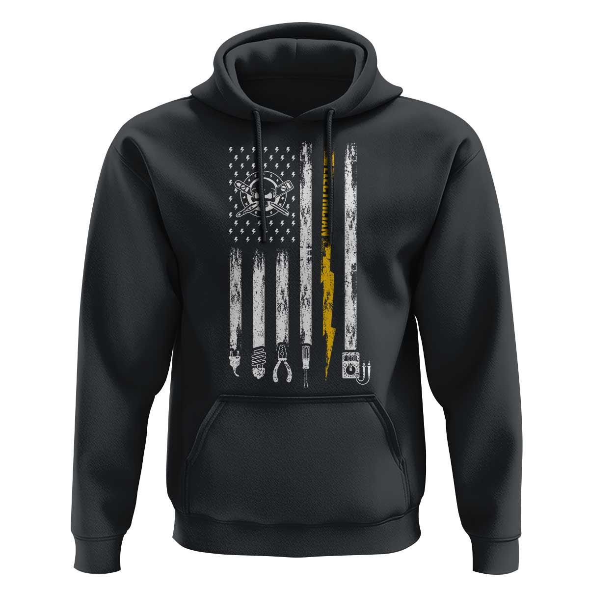 Electrician US Flag Hoodie Tools for Electricians Skull Lightning Graphic
